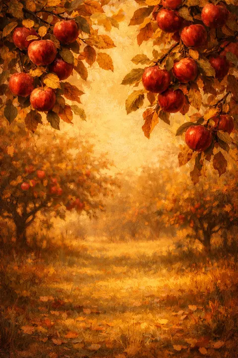 Fall wallpaper with apple branches heavy with red fruit and yellowing leaves in an orchard
