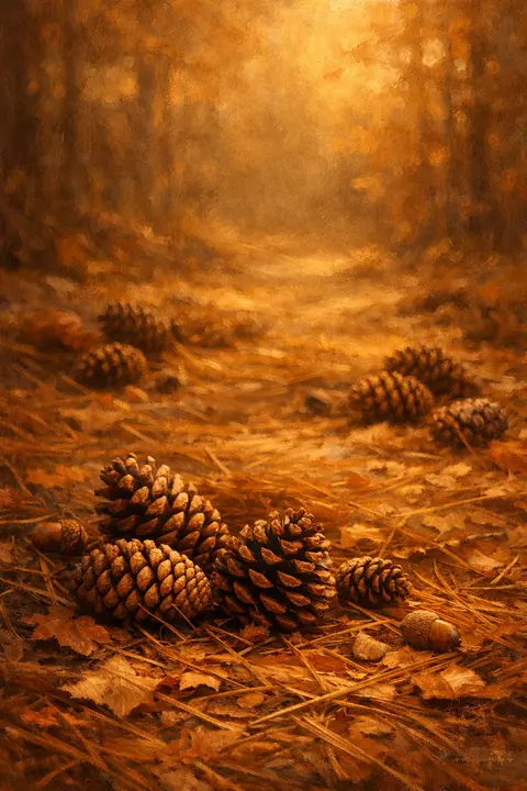 Fall wallpaper with pinecones lying among fallen needles on a warm brown forest floor