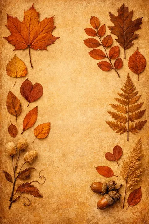 Fall aesthetic wallpaper with pressed autumn leaves arranged flat on aged herbarium paper