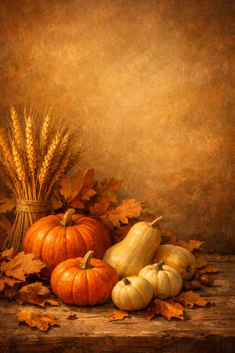 Rustic still life of pumpkins, gourds, wheat and dried leaves on weathered wood in afternoon light