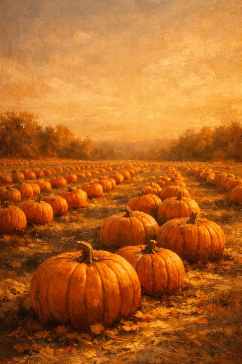Fall wallpaper with rows of orange pumpkins in an open field at golden hour