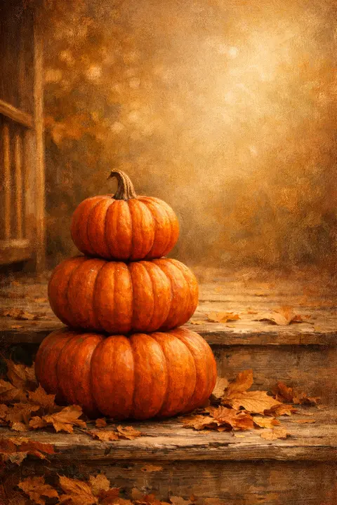 Fall wallpaper with three orange pumpkins stacked on a weathered wooden porch step