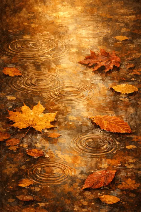 Fall wallpaper with yellow and rust leaves floating in a puddle as rain rings spread