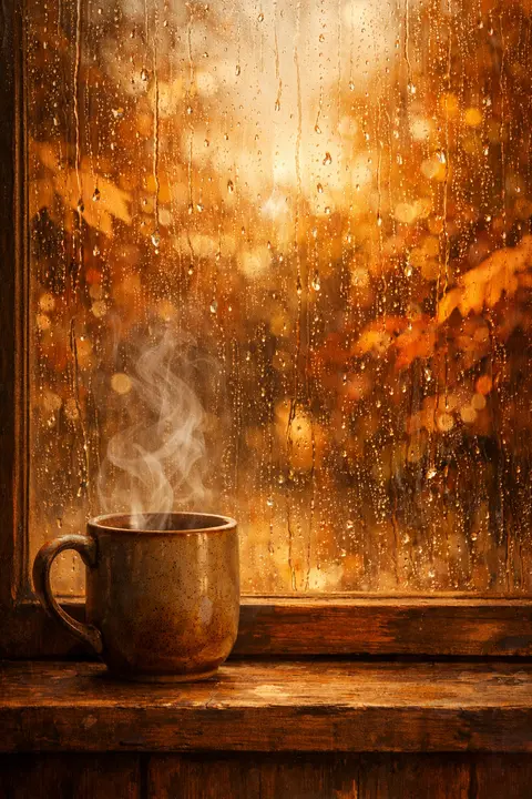 Rain-streaked window with a steaming mug on the sill and blurred golden autumn leaves outside