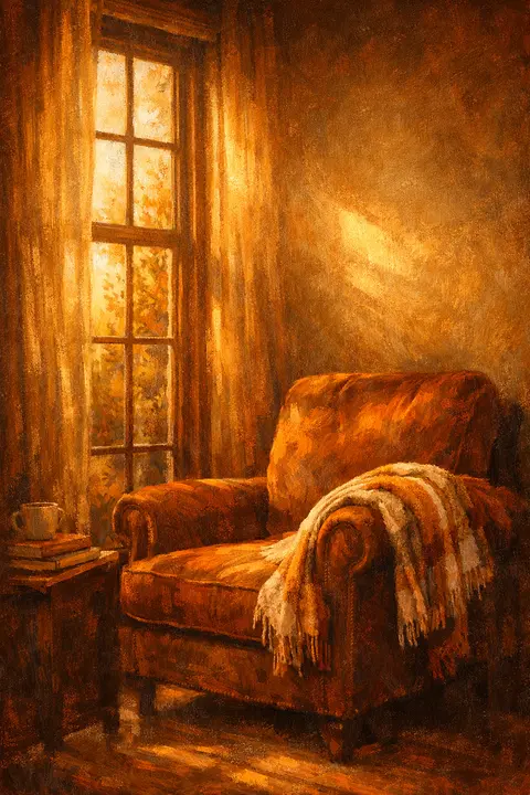 Cozy fall wallpaper with an armchair by a tall window in golden autumn light and a blanket