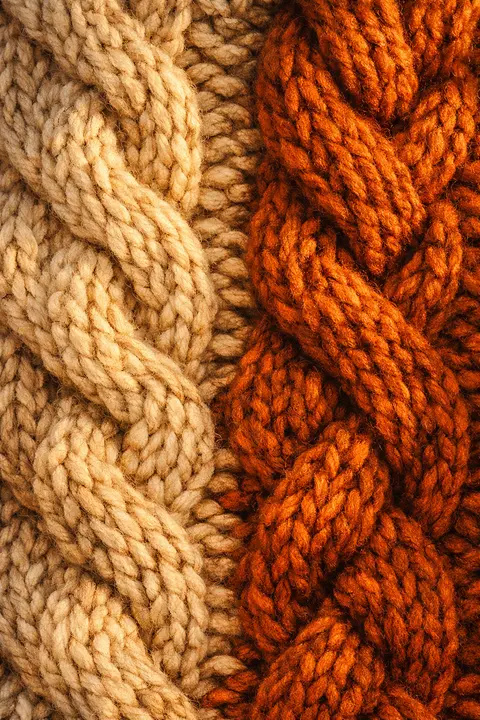 Cozy fall wallpaper with a close chunky knitted wool texture in oatmeal and rust cable stitches