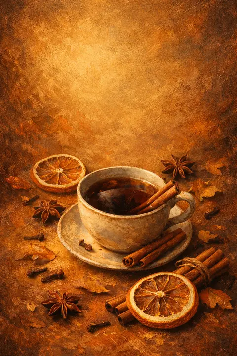Cozy fall wallpaper with dark tea, cinnamon sticks, star anise and dried orange slices