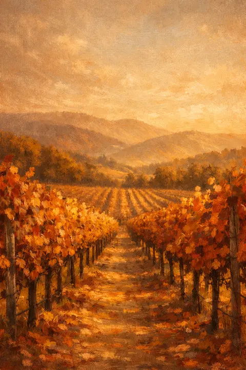 Fall wallpaper with long vineyard rows in russet and amber receding toward low hills