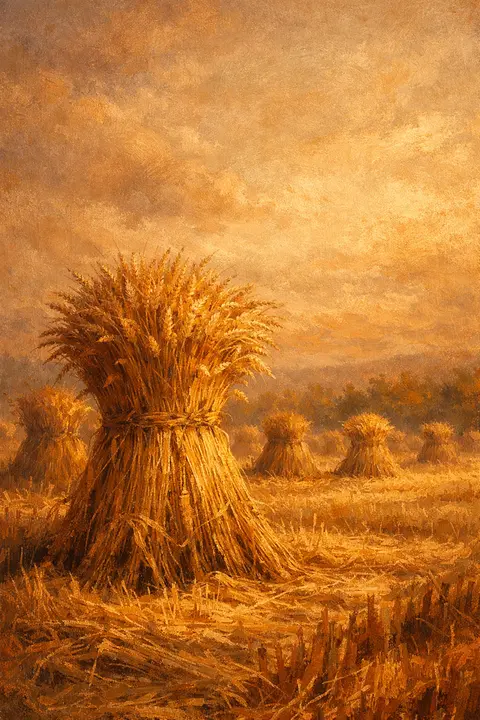 Fall wallpaper with bundled wheat sheaves standing in a harvested field under hazy sky