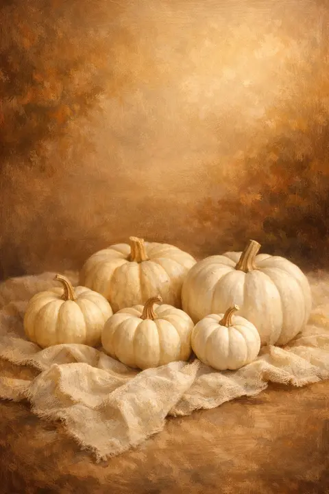 Fall wallpaper with pale white and cream pumpkins grouped on linen in neutral tones