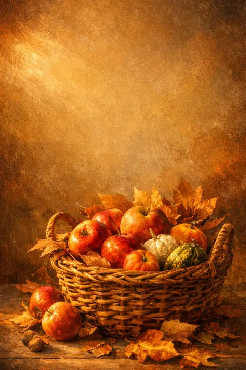 Fall wallpaper with a woven wicker basket filled with apples, small gourds and dried leaves