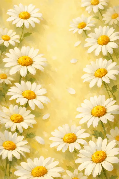 Cheerful flower wallpaper of white daisies scattered over a soft pastel yellow background