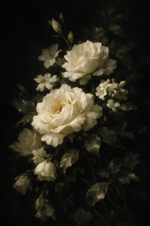 Dark botanical flower wallpaper of pale blooms and deep green leaves on a near-black background