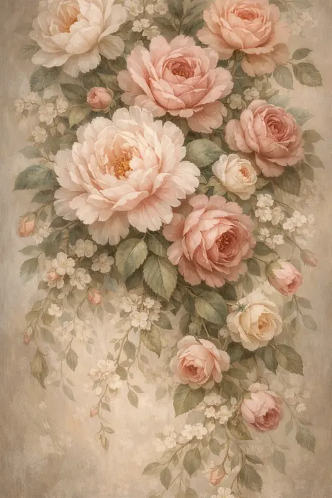 Vintage floral wallpaper pattern of blooming peonies and trailing vines in a muted elegant palette
