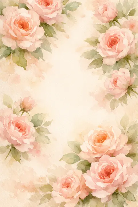 Floral wallpaper of blush watercolor roses with green leaves on soft cream paper