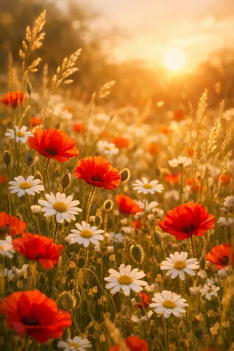 Flower wallpaper of a sunlit wildflower meadow with poppies and daisies at golden hour