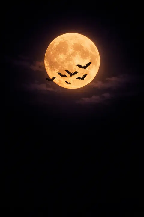 Diseño minimalista con una luna llena luminosa y murciélagos cruzando un cielo casi negro