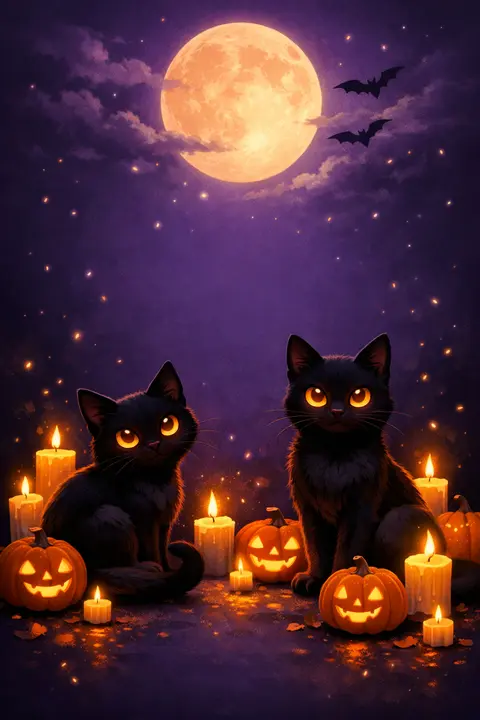 Gatos negros de ojos brillantes entre calabazas pequeñas y velas sobre fondo morado