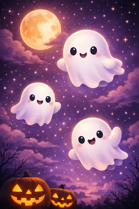 Fantasmas de dibujo redondeados y simpáticos flotando en un cielo lavanda con estrellitas