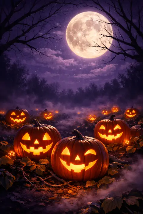 Campo de calabazas a la luz de la luna con calabazas talladas brillando bajo un cielo morado