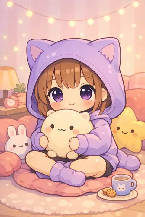 Anime kawaii wallpaper with a chibi girl in a cat-ear hoodie hugging a round plush toy