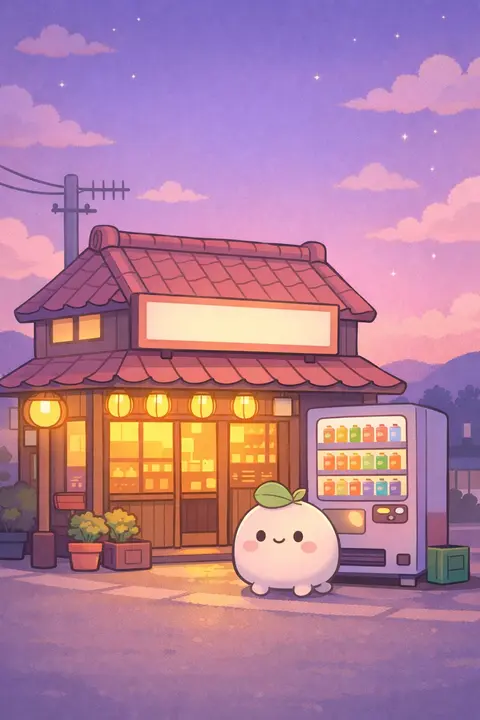 Anime kawaii wallpaper with a pastel corner store glowing at dusk and a tiny mascot outside