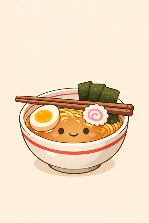 Anime kawaii wallpaper with a smiling ramen bowl with egg, fishcake swirl and chopsticks