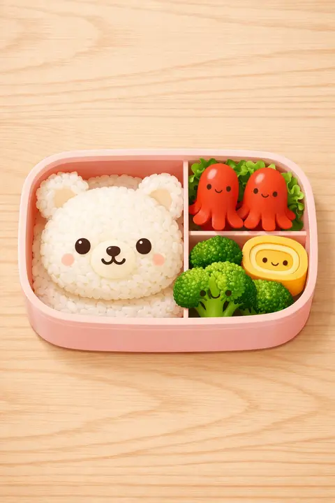 Kawaii wallpaper with an open bento box with a rice bear face and octopus sausages