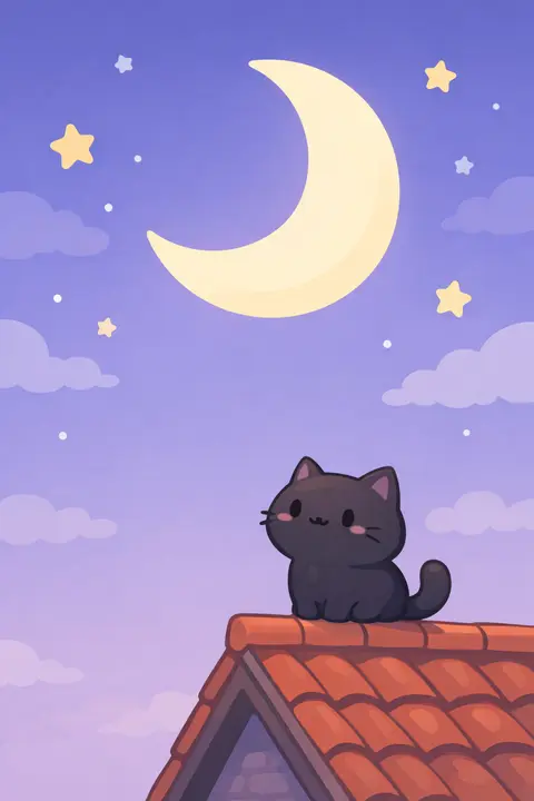 Kawaii cat wallpaper with a black kitten watching a crescent moon in a lavender night sky