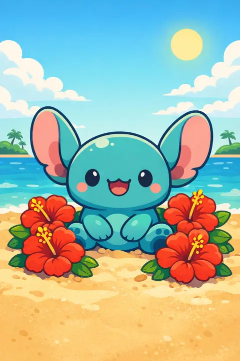 Kawaii wallpaper with a chubby blue alien creature grinning among red hibiscus flowers