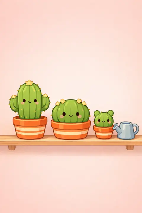 Kawaii wallpaper with three smiling cacti in striped terracotta pots on a shelf