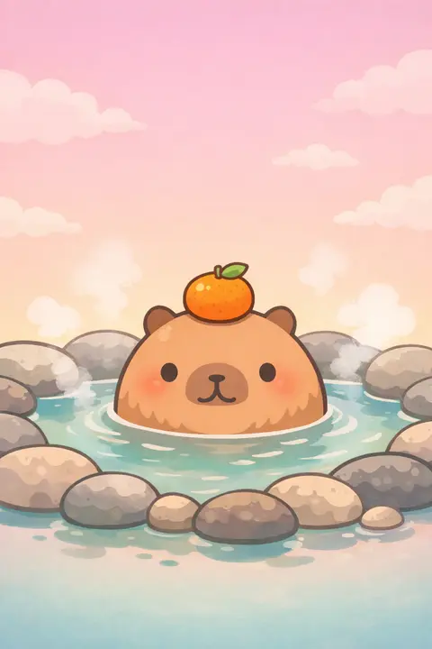 Kawaii capybara wallpaper with a capybara soaking in a hot spring with an orange on its head