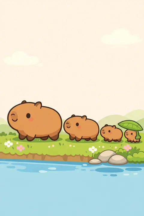 Kawaii wallpaper with a family of capybaras walking in a line, the smallest under a leaf
