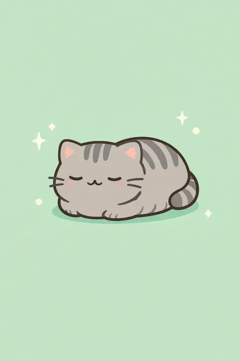 Kawaii cat wallpaper with a grey tabby folded into a bread loaf pose on mint green