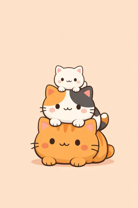 Kawaii wallpaper with three chubby cats stacked in a wobbly tower on a peach background