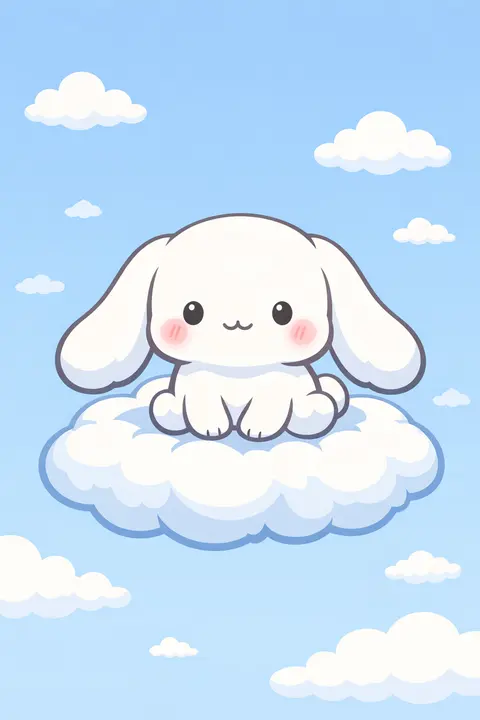 Kawaii wallpaper with a white long-eared puppy sitting on a fluffy cloud in a blue sky