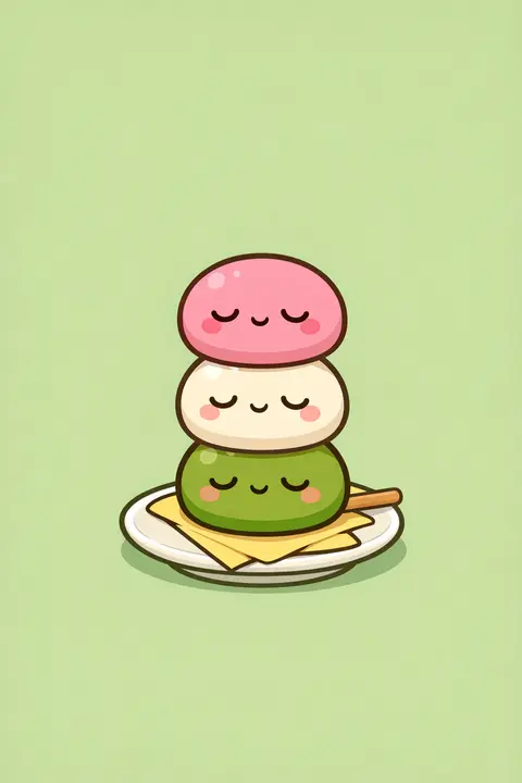 Kawaii food wallpaper with pink, white and green dango dumplings with sleepy faces