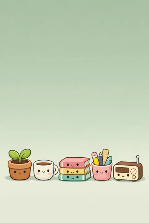 Kawaii desktop wallpaper with tiny desk mascots along the bottom and open space above