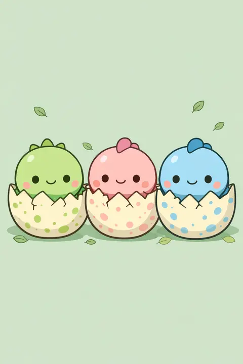 Kawaii wallpaper with pastel baby dinosaurs hatching from cracked speckled eggs