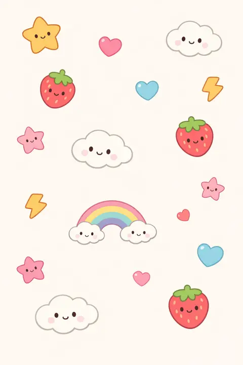 Kawaii wallpaper with a sticker sheet pattern of smiling doodle stars, hearts and fruit