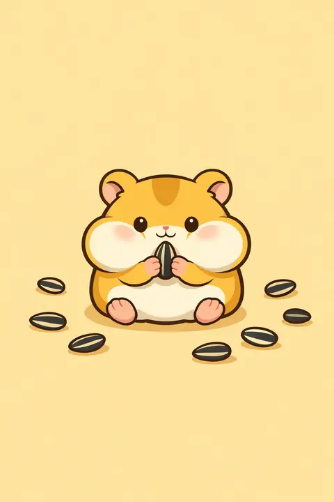 Kawaii wallpaper with a golden hamster with stuffed cheeks holding a sunflower seed