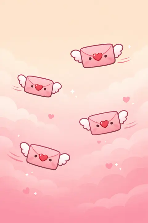 Pink kawaii wallpaper with winged love letter envelopes flying across a cream sky