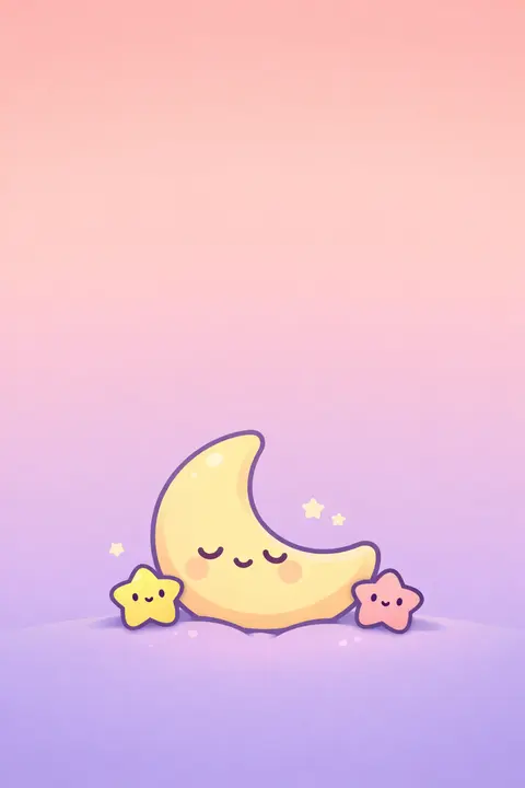 Kawaii phone wallpaper with an empty pastel sky above and a sleepy moon mascot low down