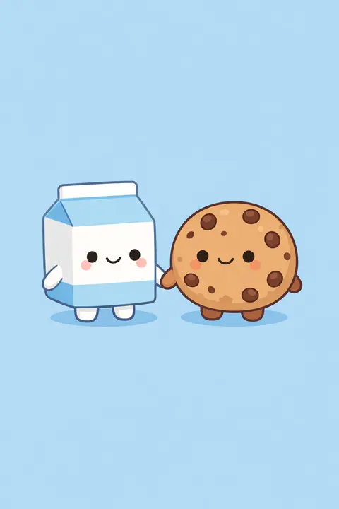 Kawaii wallpaper with a milk carton and a chocolate chip cookie holding hands