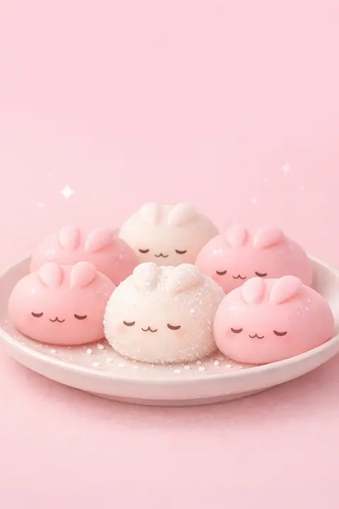 Pink kawaii wallpaper with a plate of mochi shaped like sleepy little rabbits