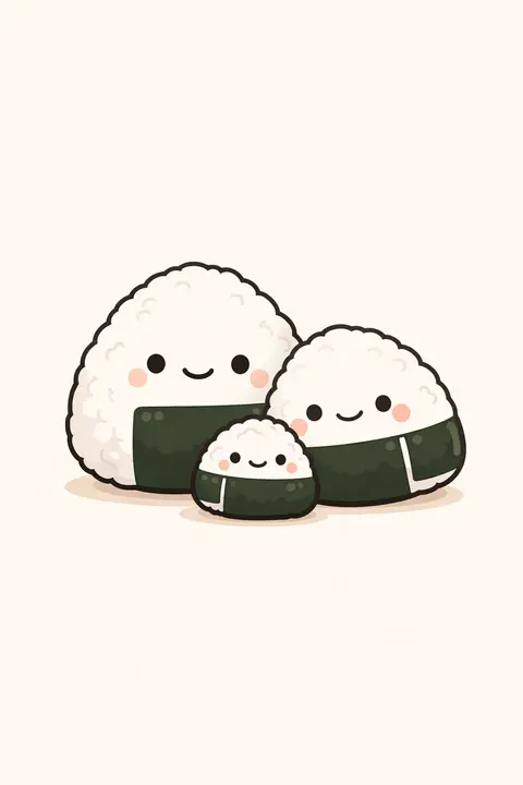 Kawaii food wallpaper with three smiling rice ball onigiri characters leaning together