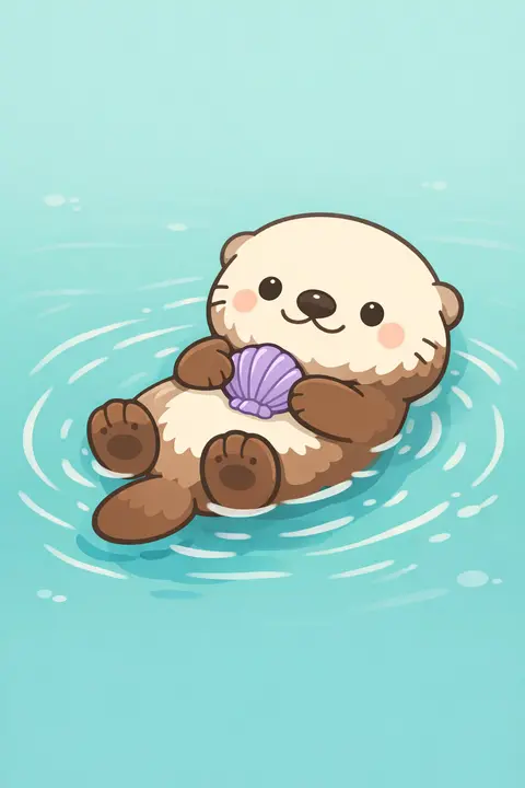 Kawaii wallpaper with a sea otter floating on its back holding a purple clam shell