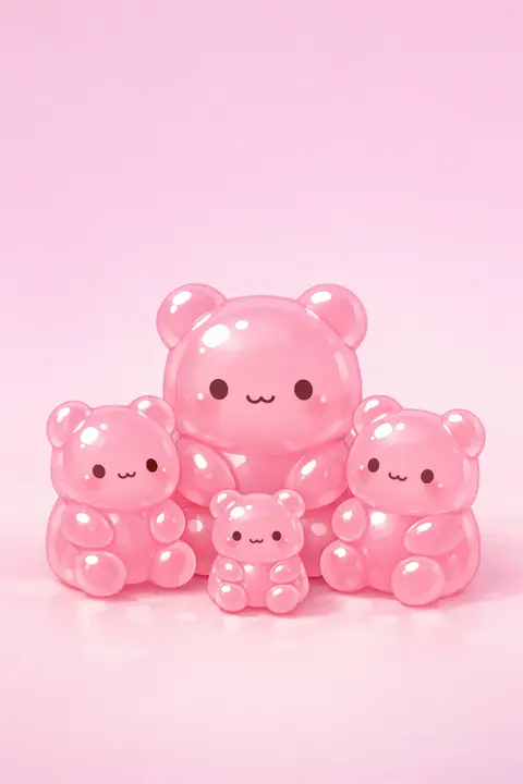 Pink kawaii wallpaper with translucent jelly gummy bears with tiny faces on soft rose