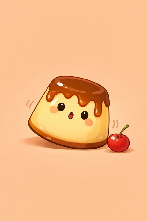 Kawaii food wallpaper with a caramel pudding character caught mid wobble with wide eyes