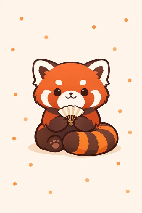 Kawaii wallpaper with a chubby red panda holding a tiny paper fan on a cream background